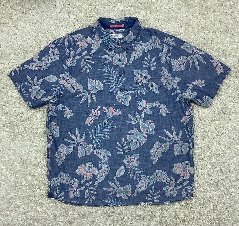 Tommy Bahama Mens XL Blue Floral Hibiscus Popover Shirt 100% Cotton Chambray